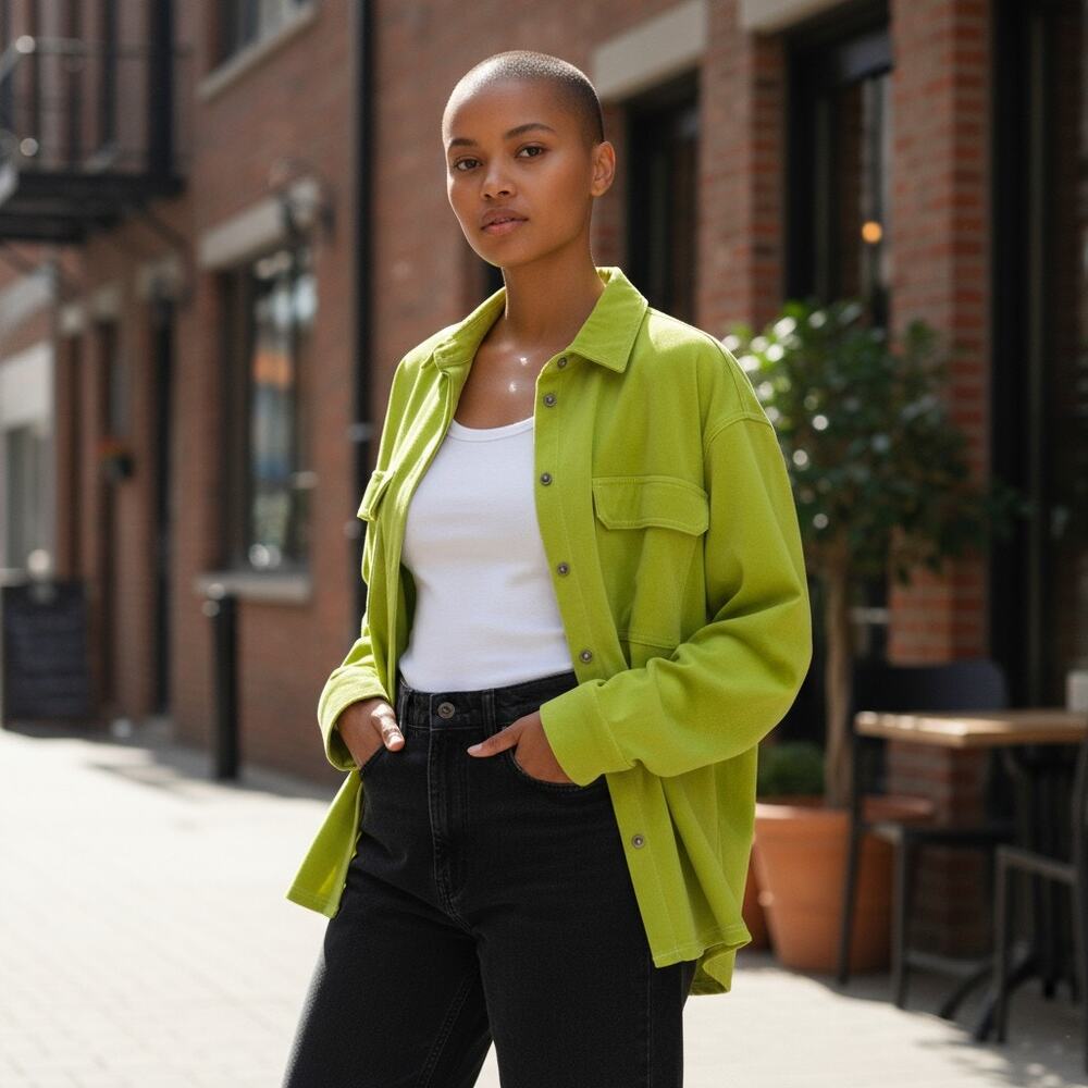 NEW Zara Lime Green Button Up Long Sleeve Shirt Shacket Medium